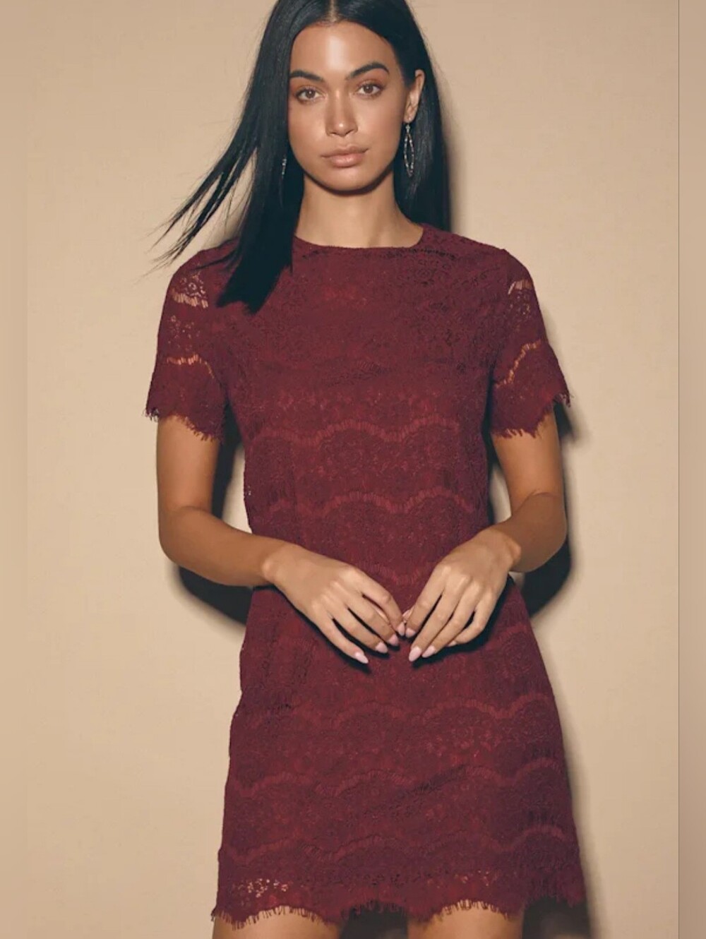 Lulu's "Take Me To Brunch" Burgundy Lace Shift Dress